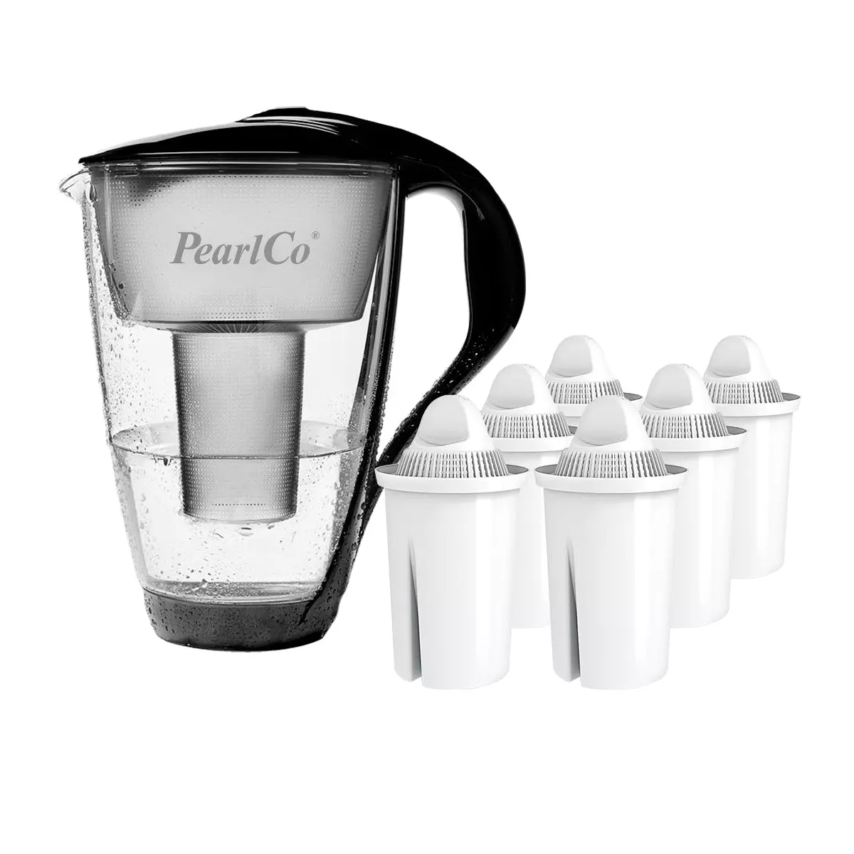 Pearlco Glas-Wasserfilter Schwarz Inkl. 6 Universal Filterkartuschen