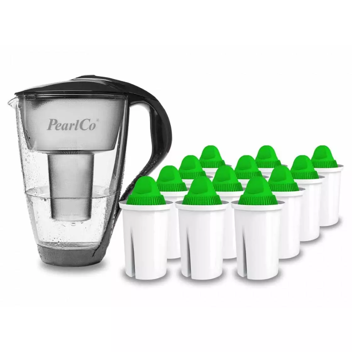 Pearlco Glas-Wasserfilter Anthrazit Inkl. 12 Alkaline Filterkartuschen