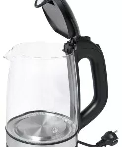 Exquisit Glas-Wasserkocher WK 3501 Swg, Innenbeleuchtung, 2 Liter, 2200 Watt, Edelstahlverzierung, Schwarz