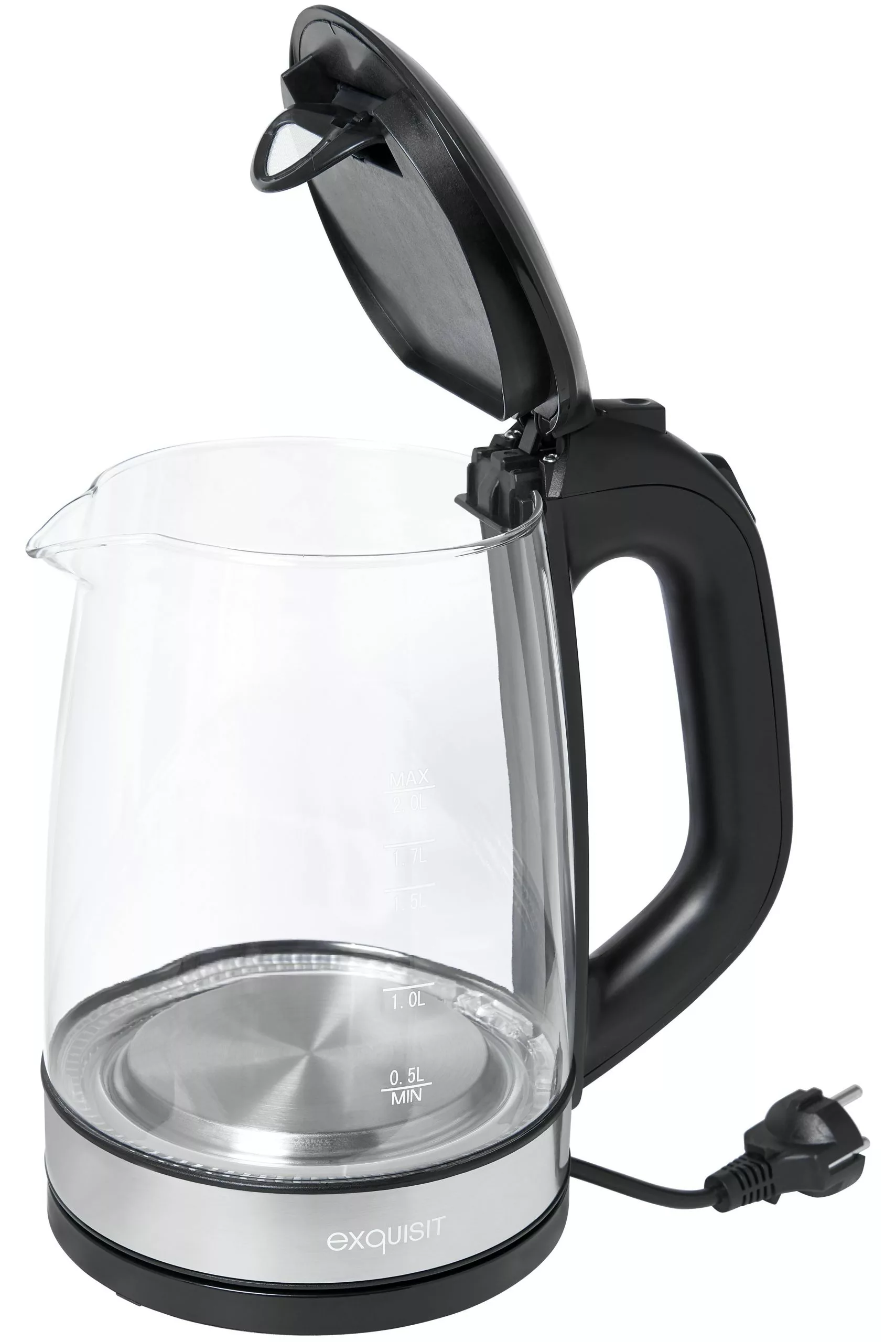Exquisit Glas-Wasserkocher WK 3501 Swg, Innenbeleuchtung, 2 Liter, 2200 Watt, Edelstahlverzierung, Schwarz