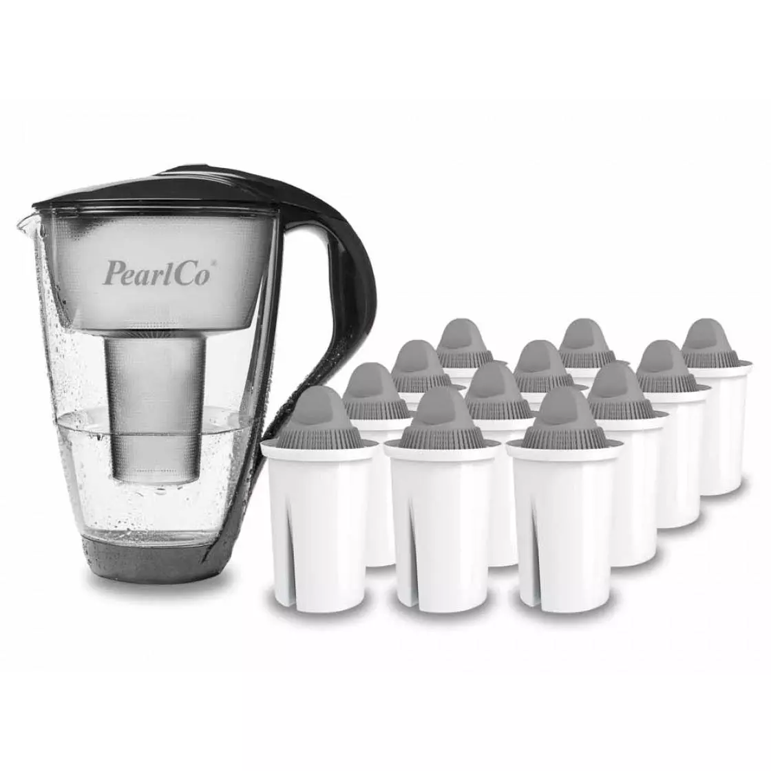 Pearlco Glas-Wasserfilter Anthrazit Inkl. 12 Protect+ Filterkartuschen
