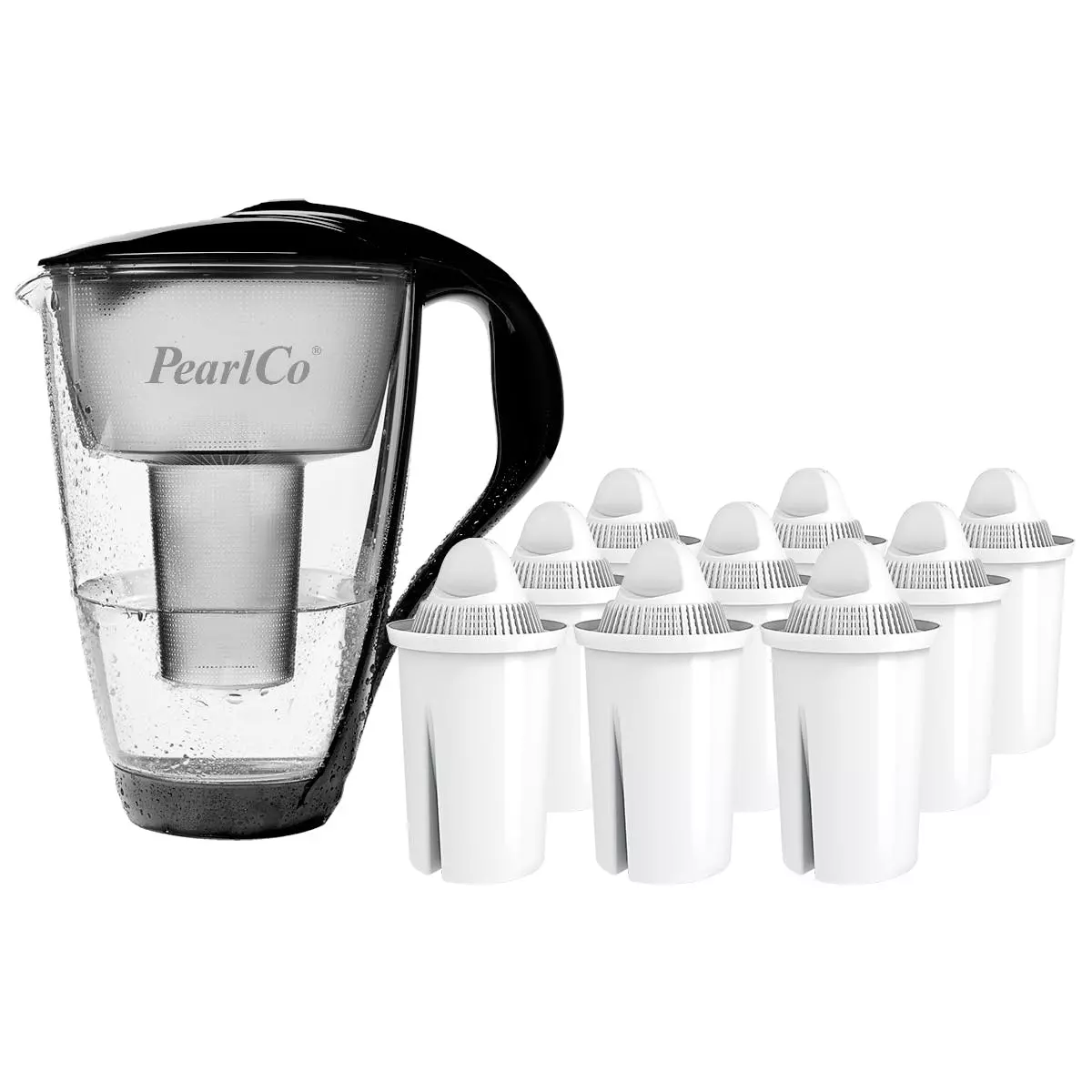 Pearlco Glas-Wasserfilter Schwarz Inkl. 12 Universal Filterkartuschen