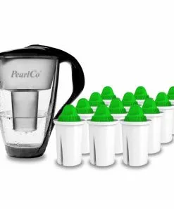 Pearlco Glas-Wasserfilter Schwarz Inkl. 12 Alkaline Filterkartuschen