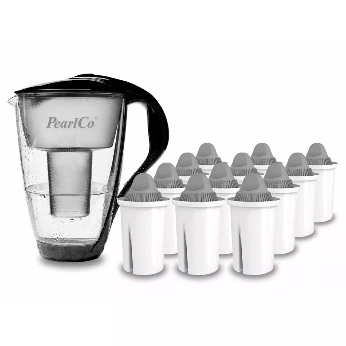 Pearlco Glas-Wasserfilter Schwarz Inkl. 12 Protect+ Filterkartuschen